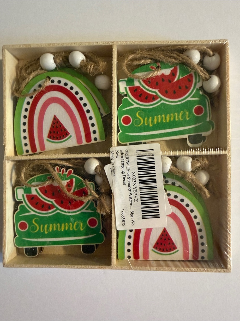 12 pack Summer Watermelon Wooden Hanging Ornaments - Green & Red